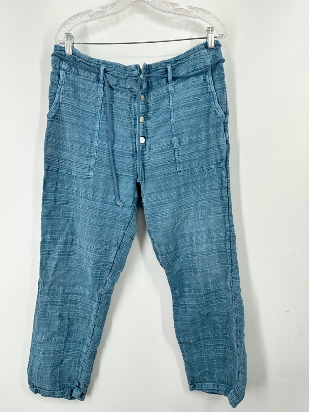 Sundance Coastline Boho Textured Blue Drawstring Button Front Pants